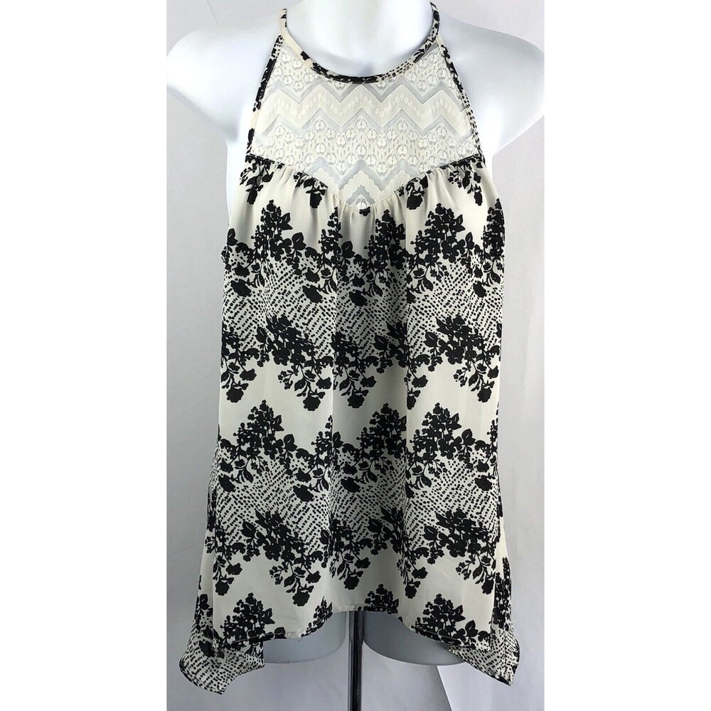 Vintage Halter Cami Top M Blk/Wht Floral Lace Flowy Hi Lo Whimsigoth Fairy Boho